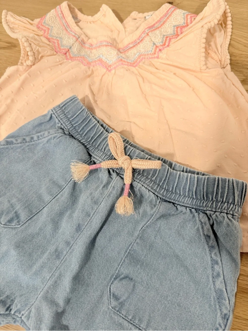 Peach Smocked Flutter Sleeve Top & Light Blue Denim Nicole Miller Shorts Set